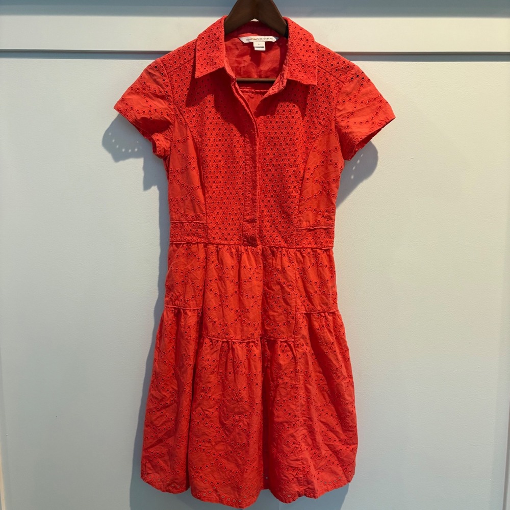 DIANE VON FURSTENBERG‎ Dress Coral Orange Eyelet 4 Button Front Knee Length